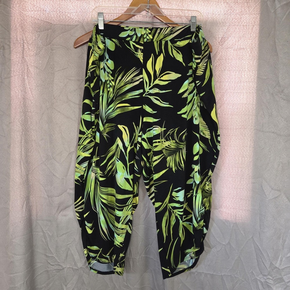 Susan Graver Harem Pants Womens 2XP Green Tropical Palm Leaf Jersey Pull On